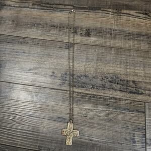 Gold Tone hammered Cross necklace with beaded chain 2A